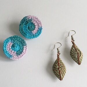 2 Pairs of Earrings - Copper and Thread Teardrop & Crochet Circle Stud Earrings